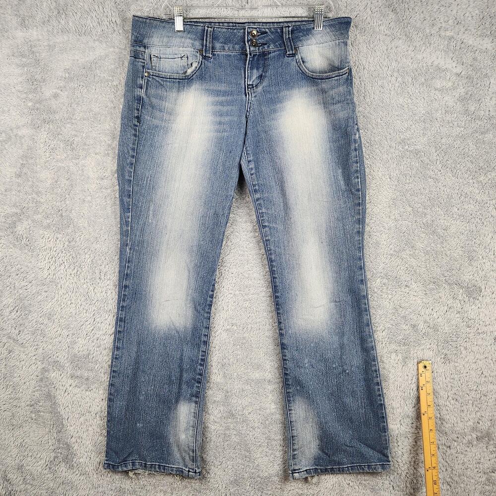 Lei Ashley Curvy Bootcut Jeans Juniors 11 Blue Distressed Embroidered Y2k Grunge